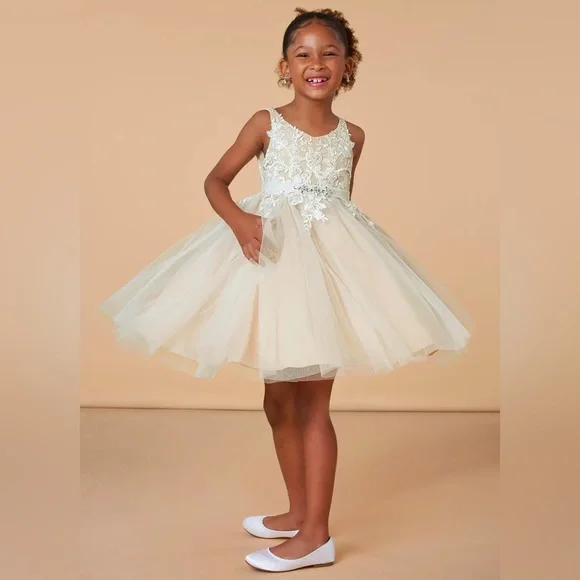 Azazie Minka Diamond White Champagne A-Line Lace Tulle Flower Girl Dress